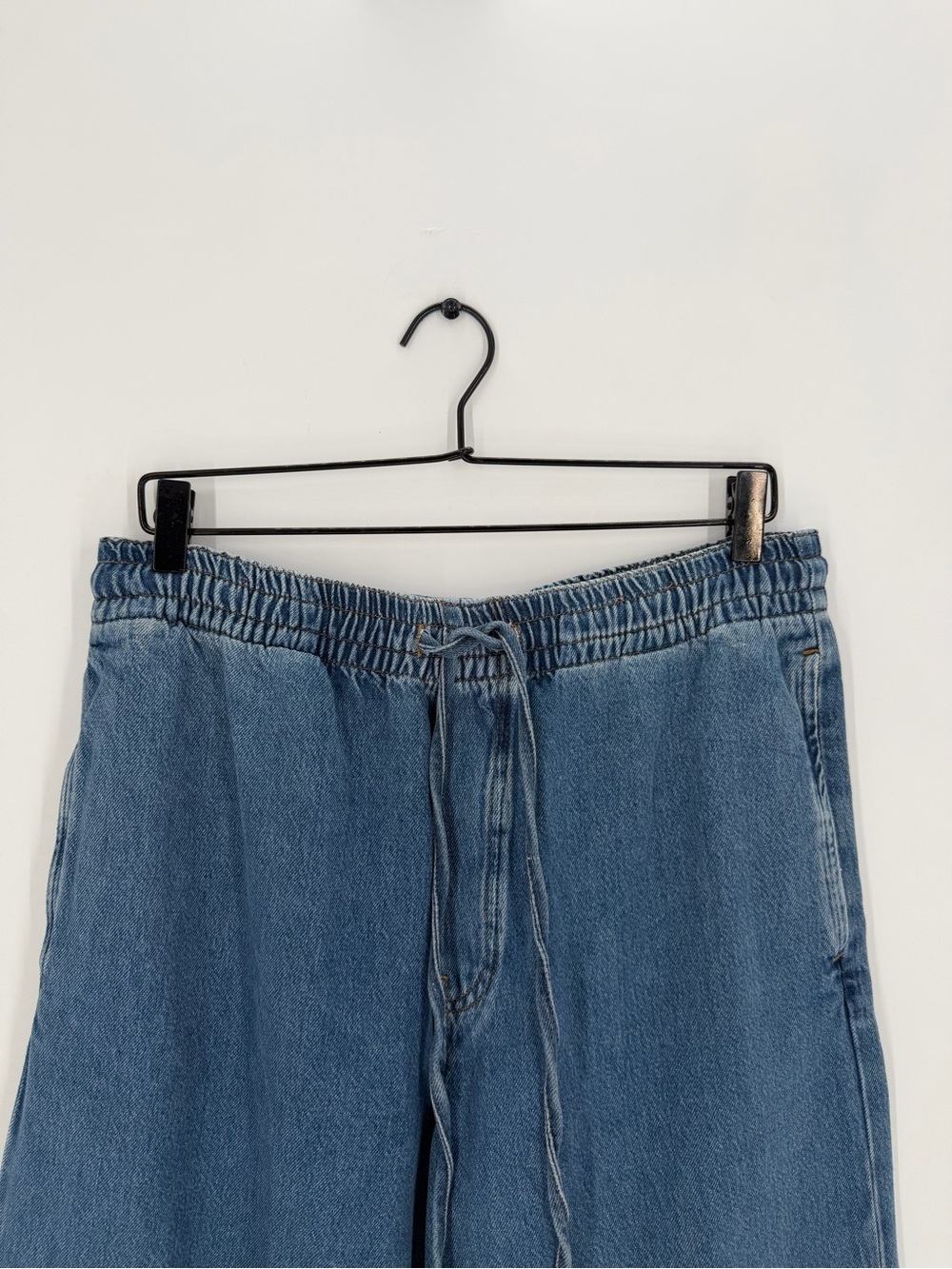 Cos Ultra Wide Leg Fluid Drawstring Denim Long Trousers In Washed Blue